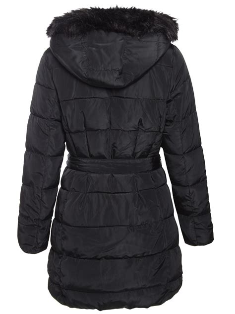 ladies womens quilted padded puffer parka coat fur hooded belted winter jacket ebay