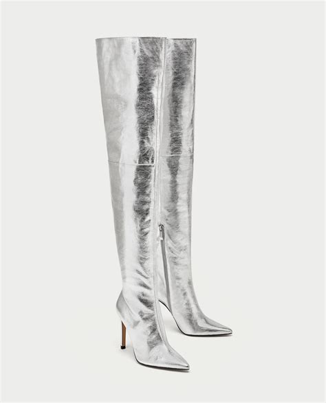 Image 1 Of Silver Over The Knee High Heel Boots From Zara Botas Tacon