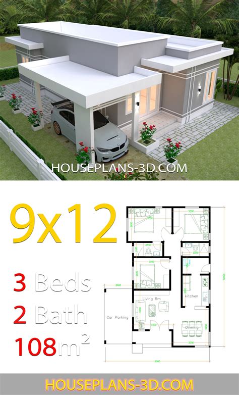 House Design Plans 9x12 With 3 Bedrooms Terrace Roof House Plans 3d