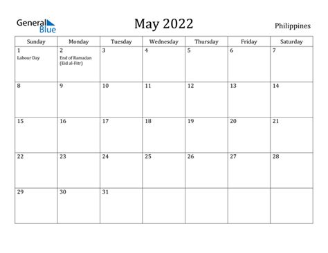 Philippines May 2022 Calendar With Holidays