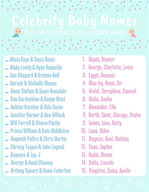 Matching Celebrity Baby Names Fun Baby Shower Game Answer Etsy