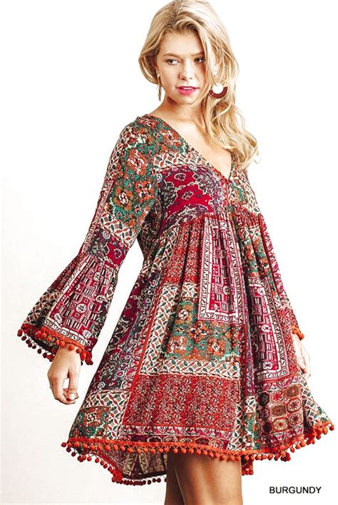 Umgee Peasant Patchwork Hippie Dress Long Bell Sleeve Shift Swing Long