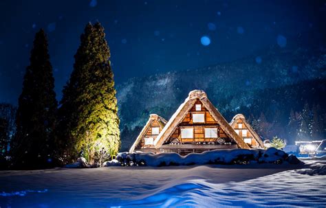 Hd Wallpaper Japan Night Lights House Tree Mountain Winter Snow Highlight
