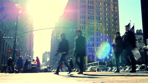 Walking People Crossing Street In New York City Sun Flare Urban