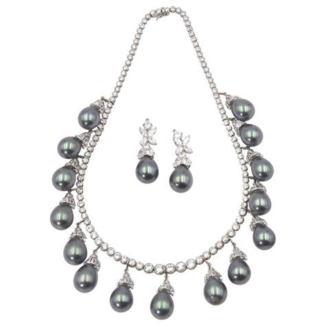 Gala Cz With Faux Gray Pearl Drops Sterling Riviera Necklace And