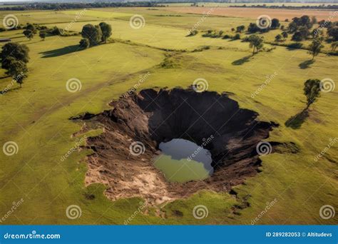 Aerial View Of A Sinkhole Forming In A Grassy Field Stock Image Image