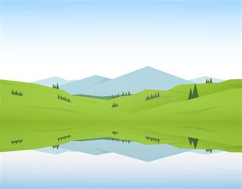 Flat Summer Mountain Lake Landscape With Green Hills And Reflection