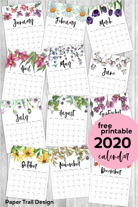 2020 Free Printable Calendar Floral Paper Trail Design Free