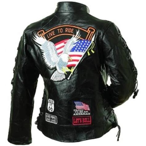Ladies Leather Biker Motorcycle Harley Rider Chopper Jacket Eagle Patch Ebay