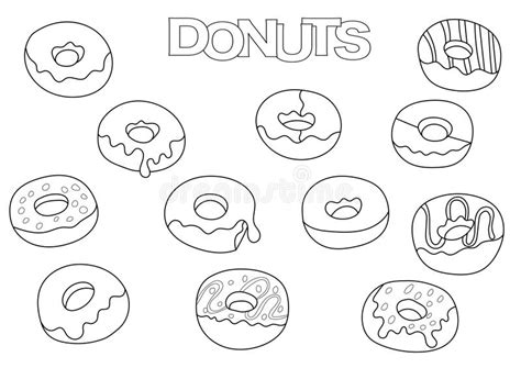 Donuts Elements Hand Drawn Set Coloring Book Template Stock Vector