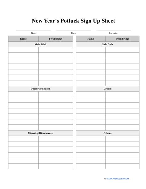 New Years Potluck Sign Up Sheet Template Download Printable Pdf