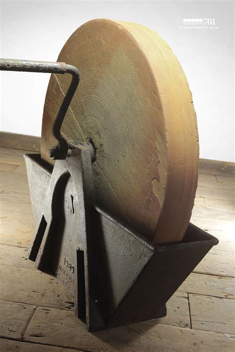 Large Old Wet Stone Or Sharpening Wheel With Crank Handle And Iron Reservoir