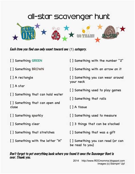 The items on the list should be a mix of both challenging and easy to access. ROCmomma: Another Fun, Easy, No-Prep Scavenger Hunt