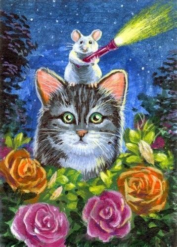 Aceo Original Cat Kitten Tuxedo Mouse Roses Flowers Landscape M H