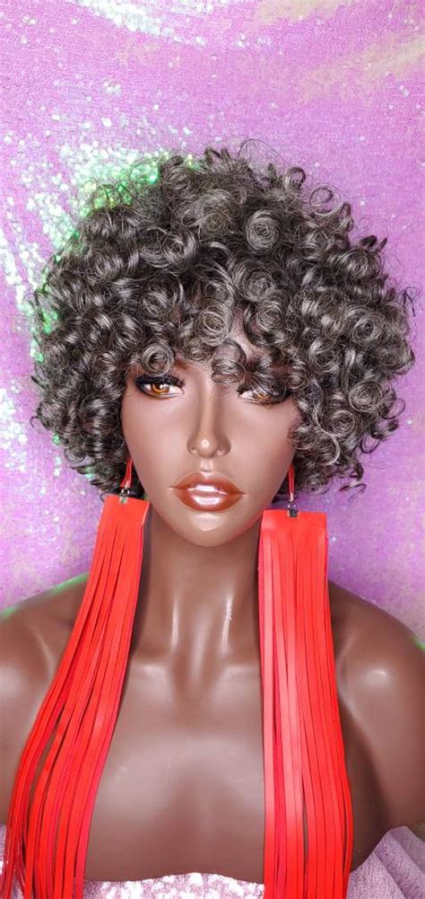 wig short curl brazilian remy 100 human hair wig salt pepper etsy