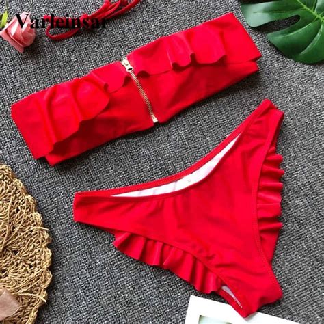 2018 New Sexy Bandeau Red Black Ruffle Trim Zipper Bikini Two Pieces Swimsuit Female Swimwear