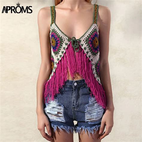 Aliexpress Com Buy Aproms Multi Colored Tassel Handmade Camis Casual V Neck Bow Tie Front
