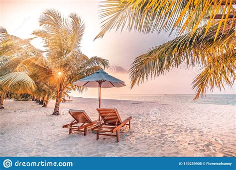 Romantic Beach Sunset Landscape Of Tropical Island With Palm Trees And
