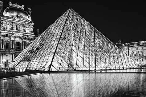 Paris Black And White Photography Louvre Museum Pyramid At Night
