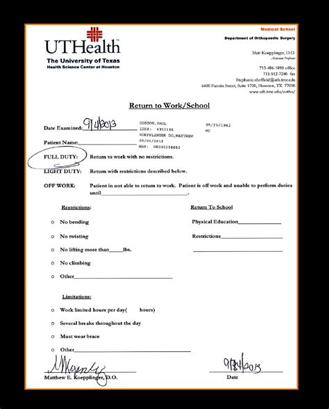 Image Of Printable Hospital Note Work Excuse Template Fake Emergency