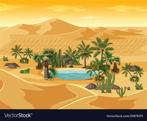 Desert Oasis With Palms Nature Landscape Scene Vector Image