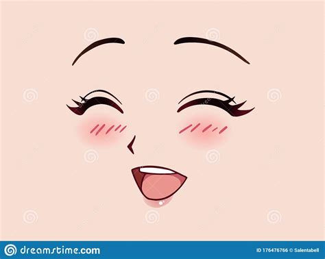 Happy Anime Face Manga Style Big Blue Eyes Cartoon Vector