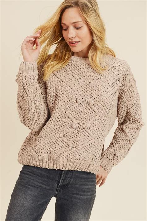 Light Taupe Matte Chenille Cable Knit Sweater With Pom Accents
