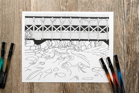 River Under Covered Bridge Printable Adult Coloring Page Etsy