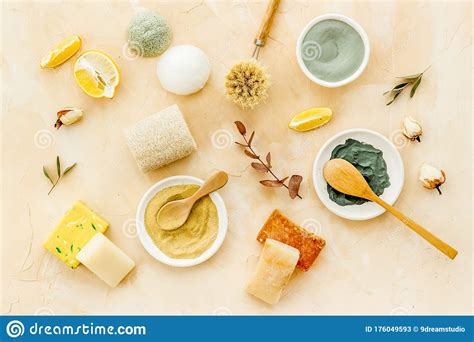 set of homemade cosmetics ingredients with cosmetic clay spa treatments aroma theme stock