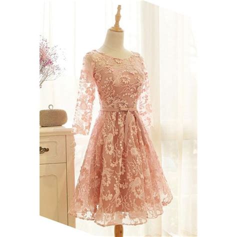 A Line Dusty Pink Lace Sleeve Short Party Prom Dress With Sash
