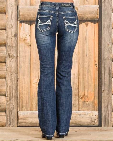 Rock And Roll Cowgirl Mid Rise Dark Wash Bootcut Jean With Khaki And