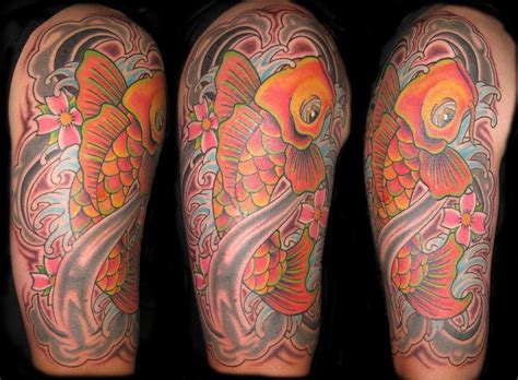 Half sleeve koi tattoo a carp and flowers color koi tattoo as a half sleeve looks awesome with the black spiral background and star shapes. Koi Fishie Tattoo Picture