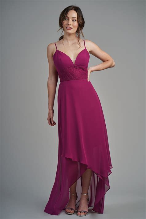 B213008 Poly Chiffon And Lace High Low Bridesmaid Dress With V Neckline
