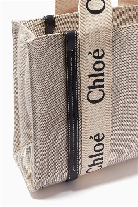 Shop Chloé Blue Medium Woody Tote Bag In Cotton Canvas And Shiny Calfskin