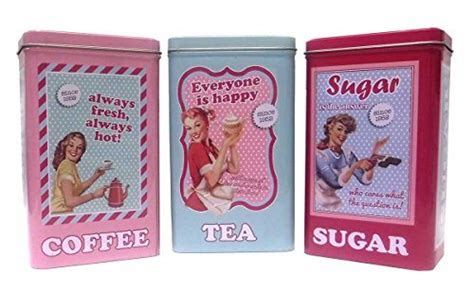Set Of 3 Retro 50s Style Coffee Tea And Sugar Tin Canisters Best Tea
