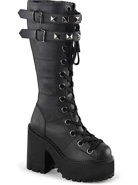 Demonia Womens Knee High Lace Up Boots Black Vegan Leather Platform 4
