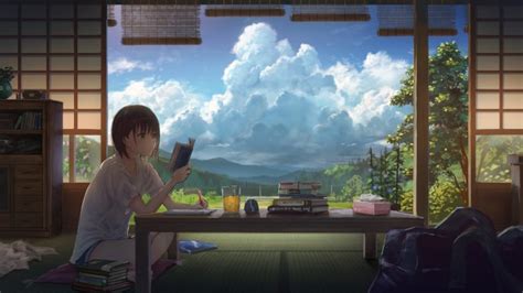 Wallpaper Anime Girl Reading Summer Clouds Scenic