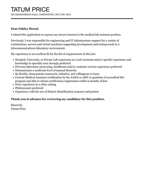 Medical Lab Assistant Cover Letter Velvet Jobs