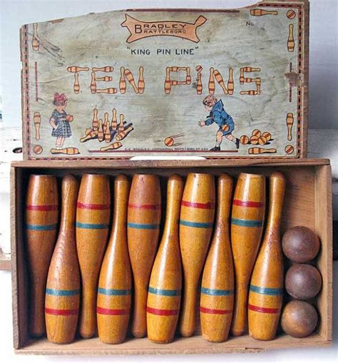 Antique 1900 Vintage Bradley Wooden Ten Pins Game Set In Original Box
