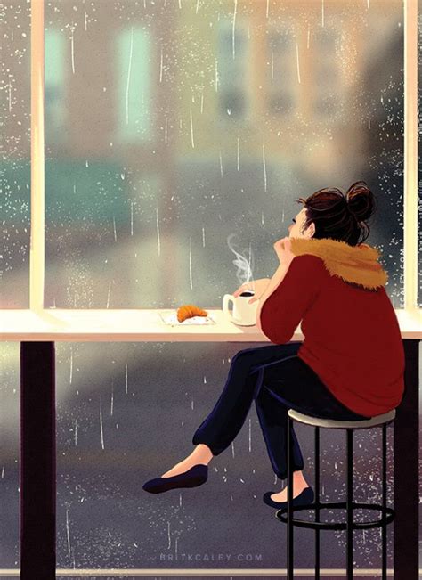 Cafe Painting Poster Coffee Girl Drinking Coffee Colorful Rainy Day