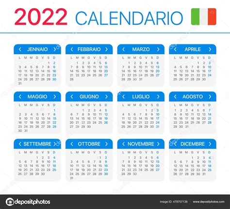 Calendario 2022 Versión Italiana Plantilla Vectorial Vector Gráfico