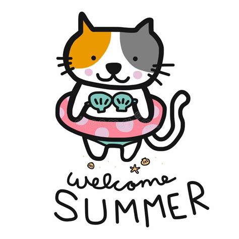 Welcome Summer Cute Cat Were Bikini And Swim Ring Cartoon Illustration