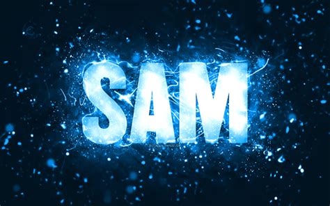 Download Wallpapers Happy Birthday Sam 4k Blue Neon Lights Sam Name