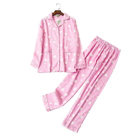 Cute Pink Heart 100 Cotton Pajama Sets Women Lovely Long Sleeve Sexy Pijamas Mujer Winter