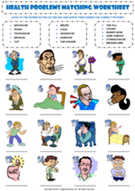 They also help clarify the meanings of vocabulary and language used to talk about health procedures and treatments. Health Problems ESL Printable Worksheets and Exercises