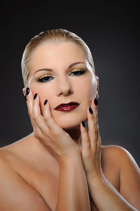 Beauty Woman With Bright Make Up And Dark Manicure Stock Photo Image
