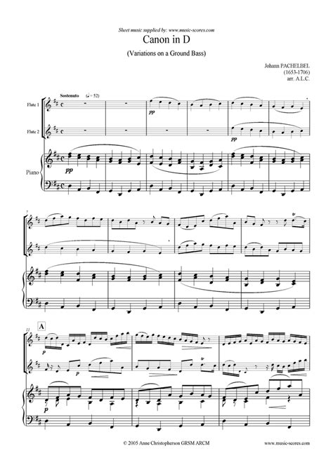 Sheet Music For Canon Trio For 2 Flutes And Piano By Johann Pachelbel