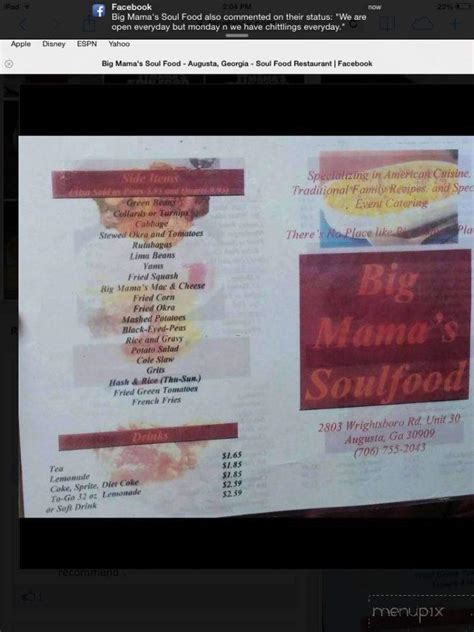 2803 wrightsboro rd, augusta, ga 30909, usa. Menu of Big Mama's Soulfood in Augusta, GA 30909