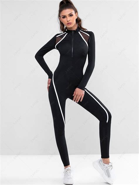 Zip Front Mesh Panel Stretchy Unitard Gym Jumpsuit In Black Zaful 2024