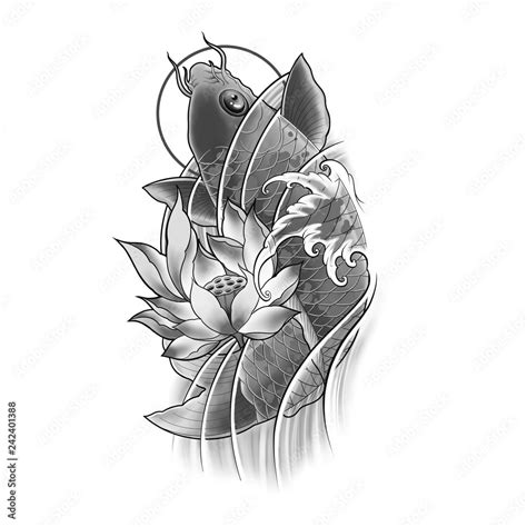 Hand Drawn Koi Fish With Lotus Flower And Water Wave Tattoo Design